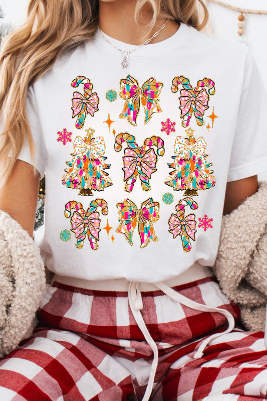 White Christmas Tree Bow Knot Print Round Neck T Shirt Graphic Tees JT's Designer Fashion