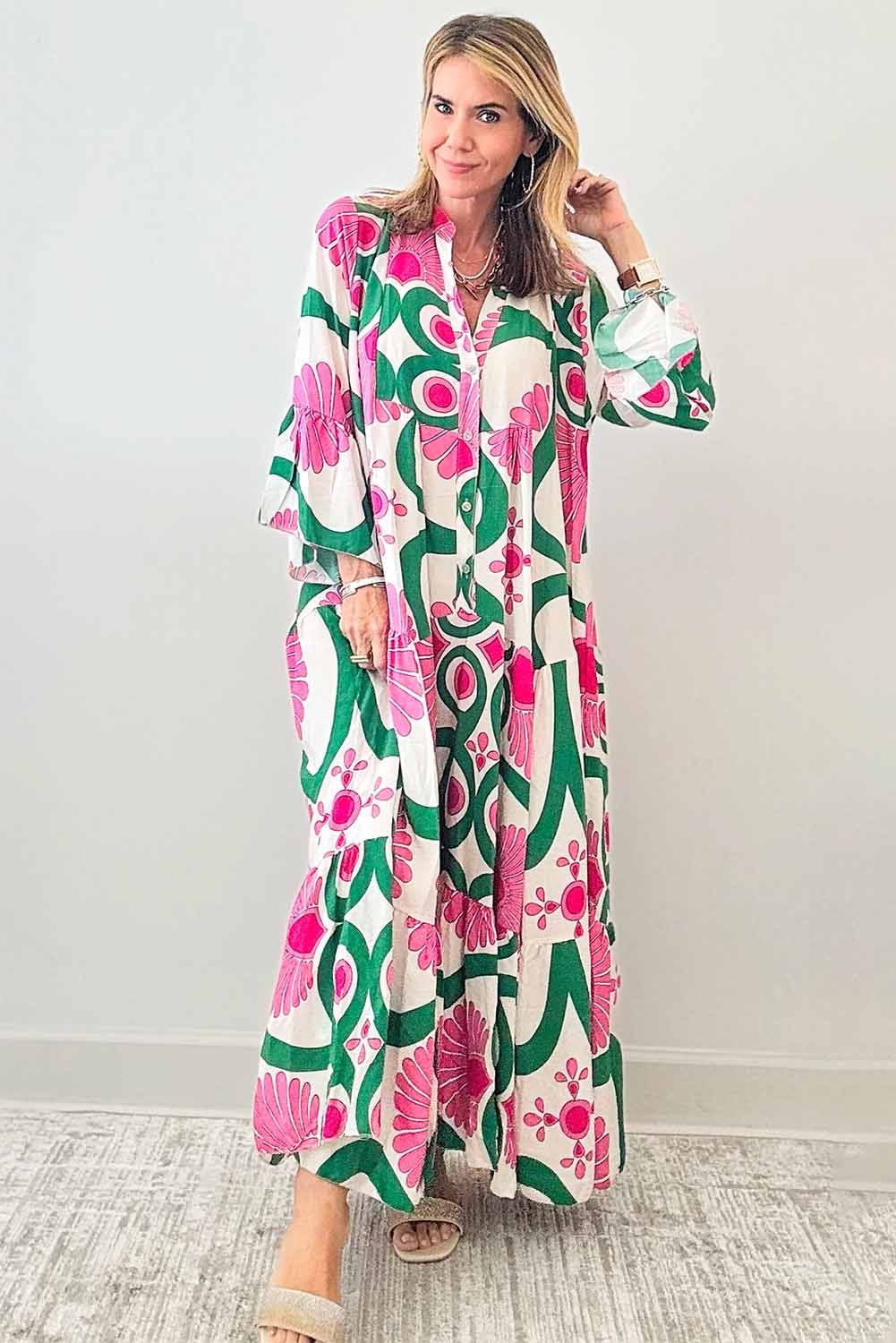 Pink Boho Floral Printed Long Sleeve Buttoned Loose Maxi Dress Maxi Dresses JT's Designer Fashion