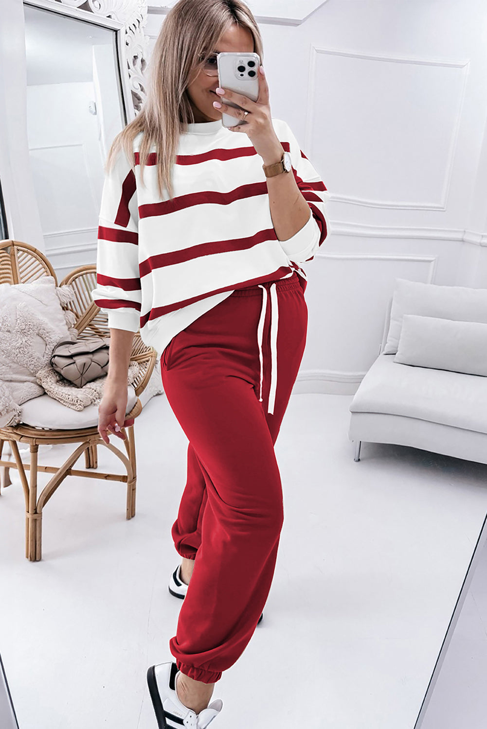 Red Stripe Drop Shoulder Pullover and Jogger Pants Set Pant Sets JT's Designer Fashion