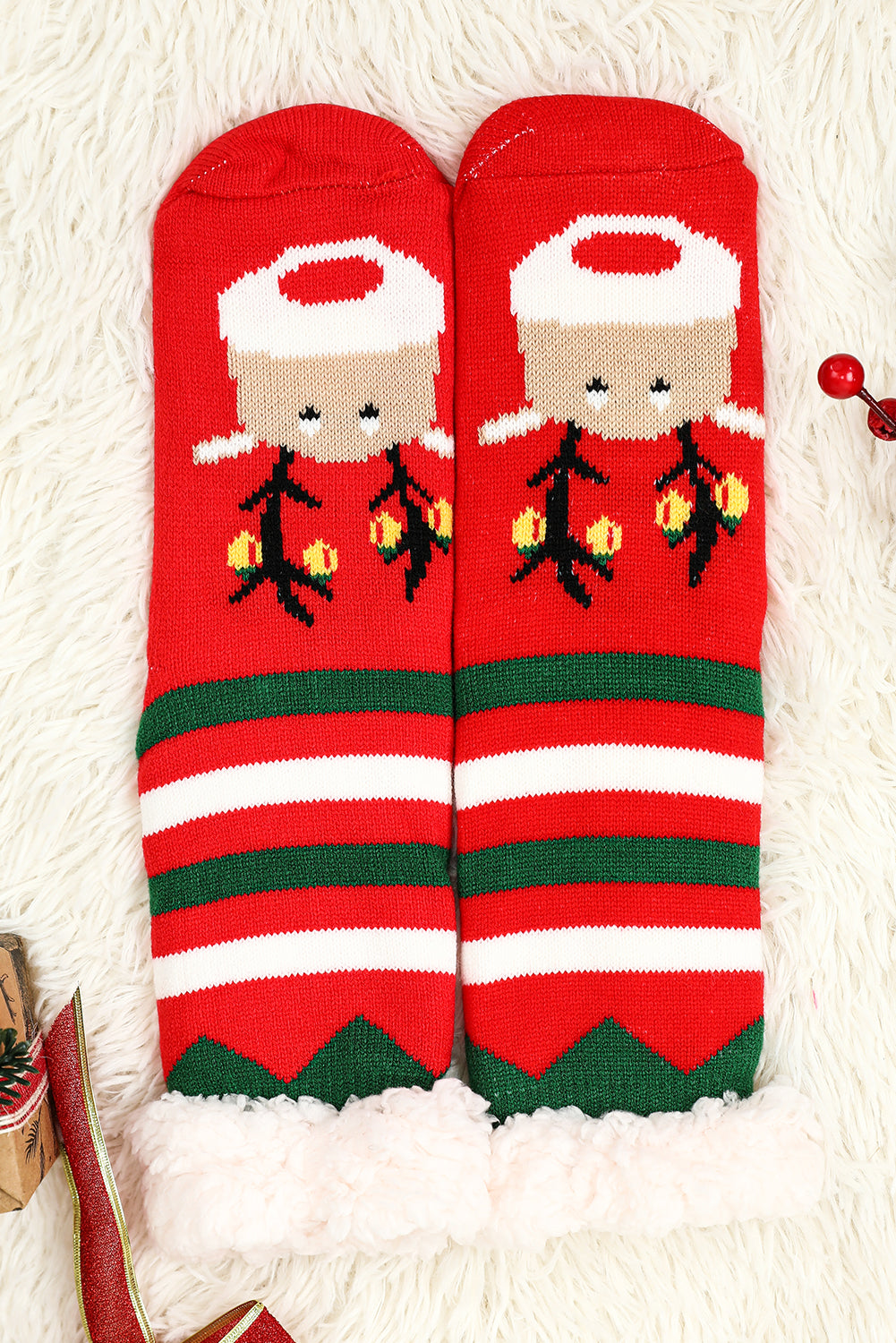 Fiery Red Christmas Cartoon Pattern Woolen Knit Socks Socks JT's Designer Fashion