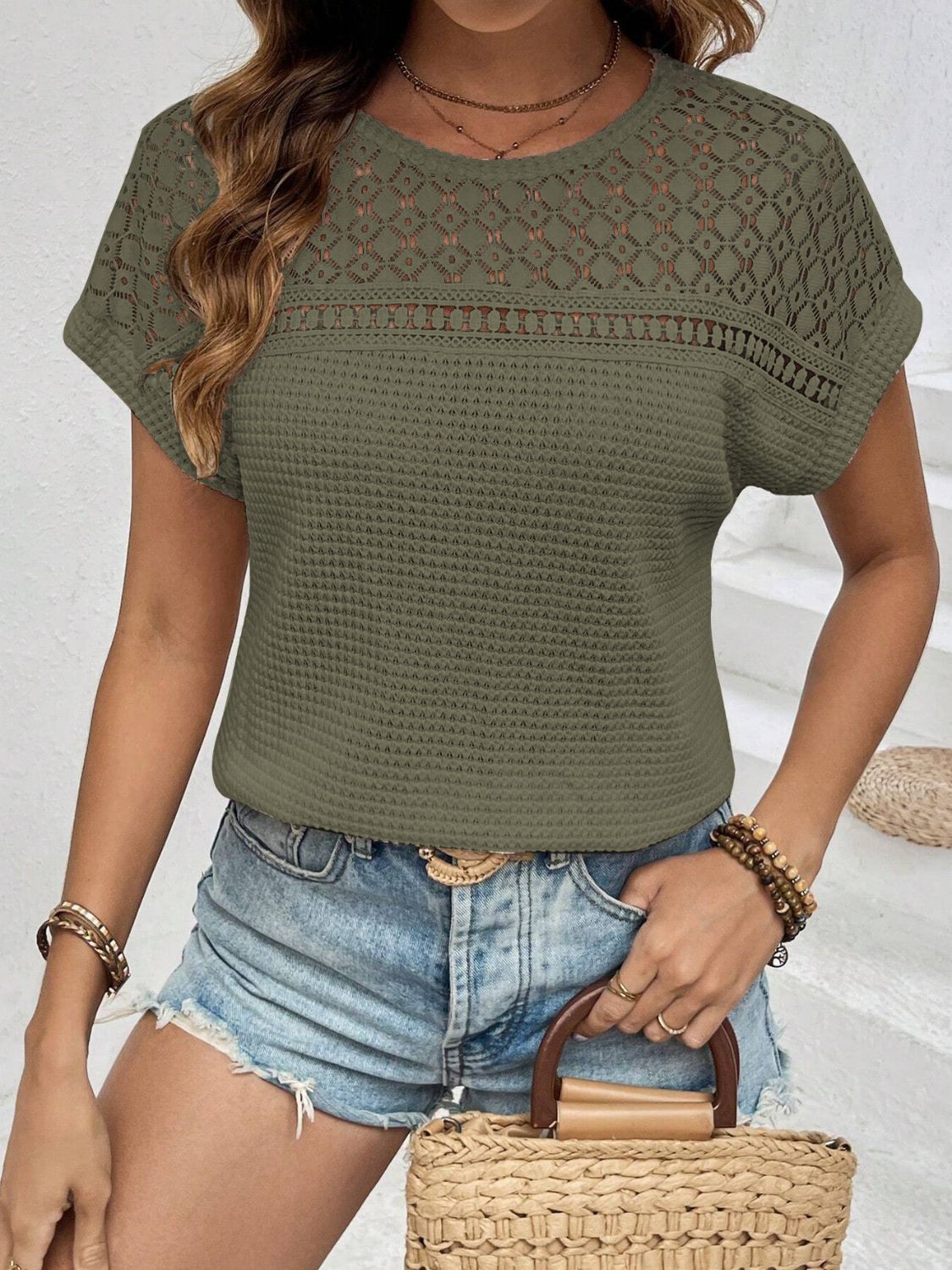 Waffle-Knit Round Neck Short Sleeve Top Blouses & Shirts JT's Designer Fashion