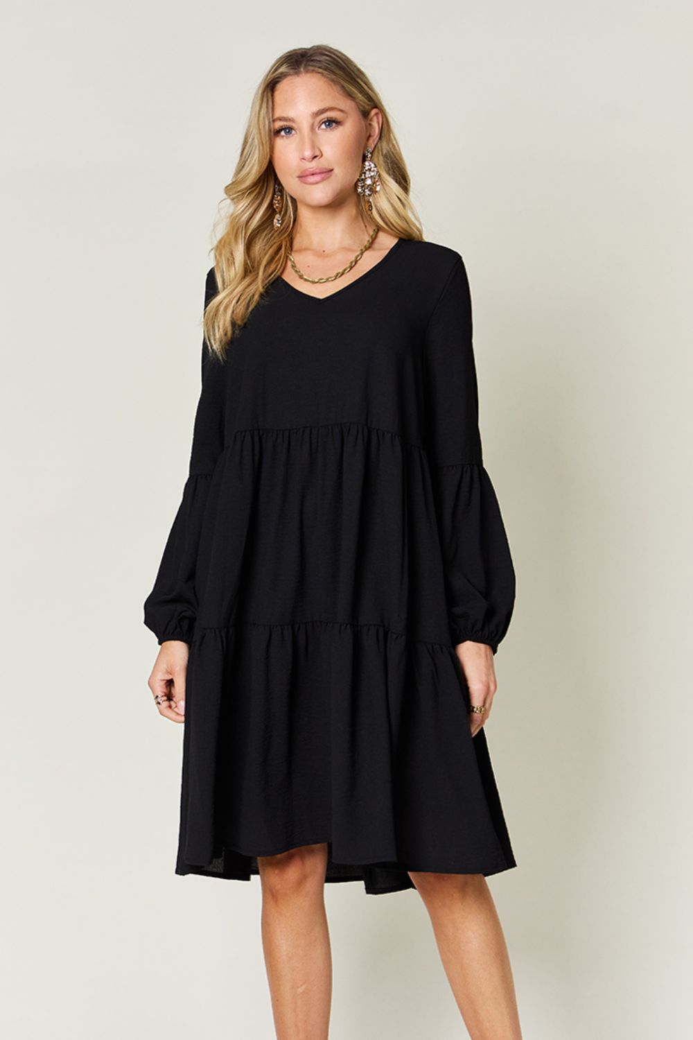 Double Take Full Size V-Neck Balloon Sleeve Tiered Dress with Pockets Black Mini Dresses JT's Designer Fashion