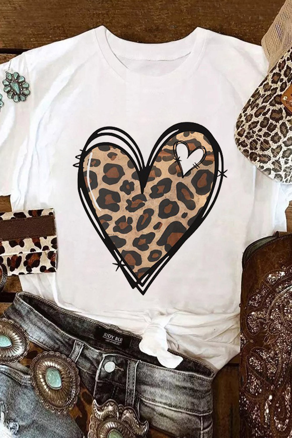 White Western Valentines Leopard Heart Graphic Tee White 95%Polyester+5%Elastane Graphic Tees JT's Designer Fashion