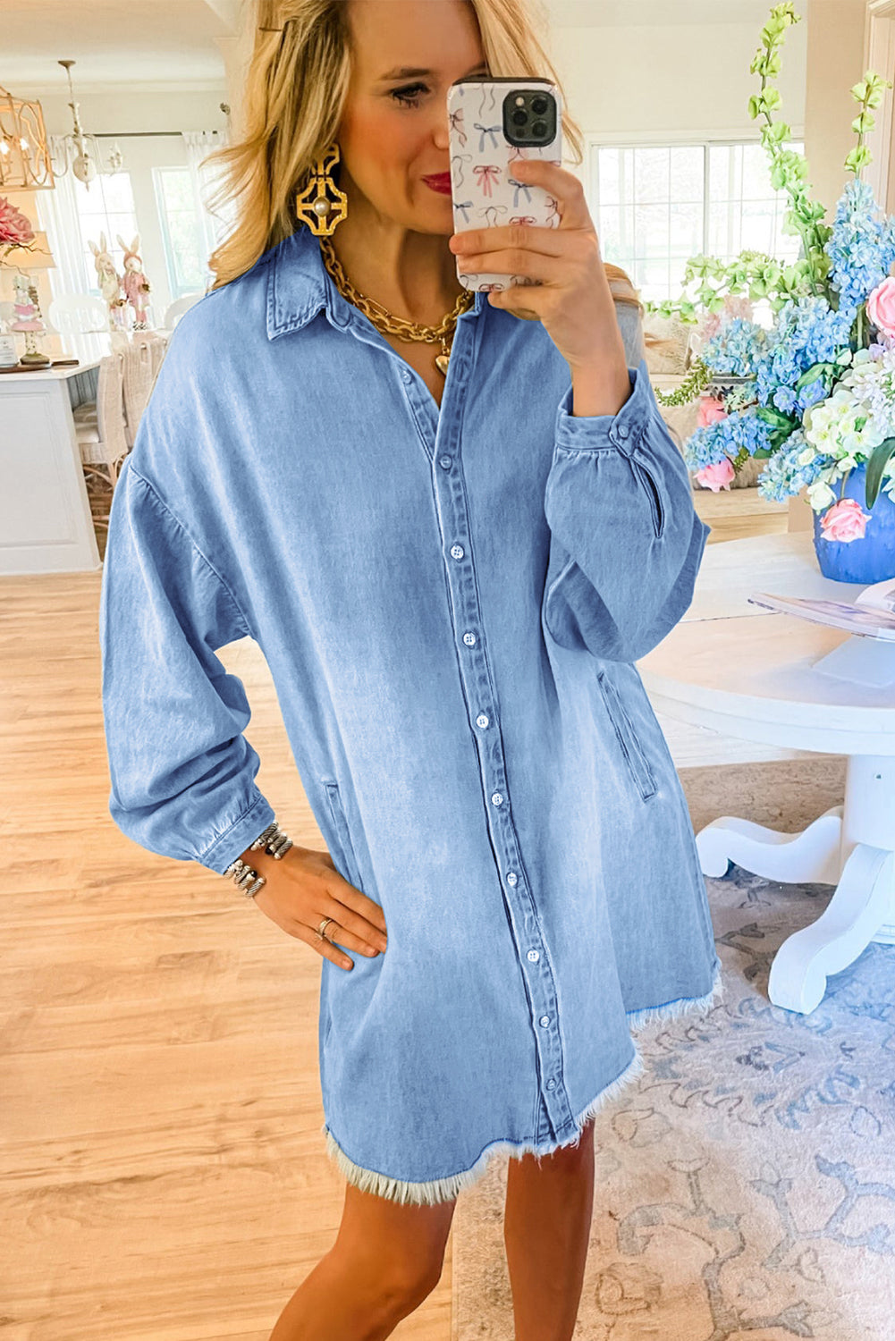 Beau Blue Risen Medium Washed Denim Shirt Dress Mini Dresses JT's Designer Fashion