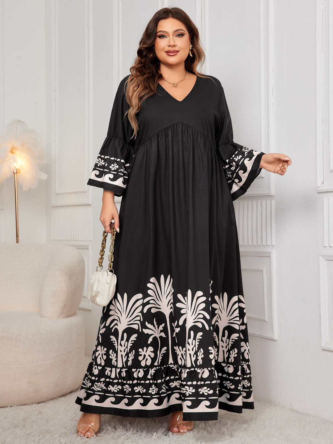 Plus Size Printed V-Neck Long Sleeve Maxi Dress Maxi Dresses JT's Designer Fashion