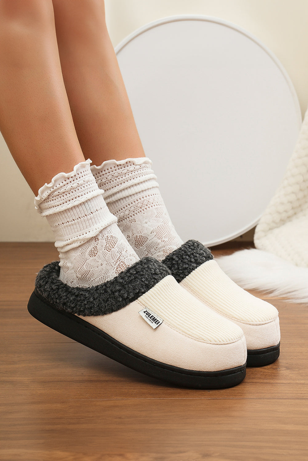 White Color Block Plush Lined Winter Slippers Slippers JT's Designer Fashion