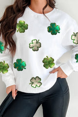 White Four Leaf Clover Patched Graphic St Patricks Sweatshirt Graphic Sweatshirts JT's Designer Fashion