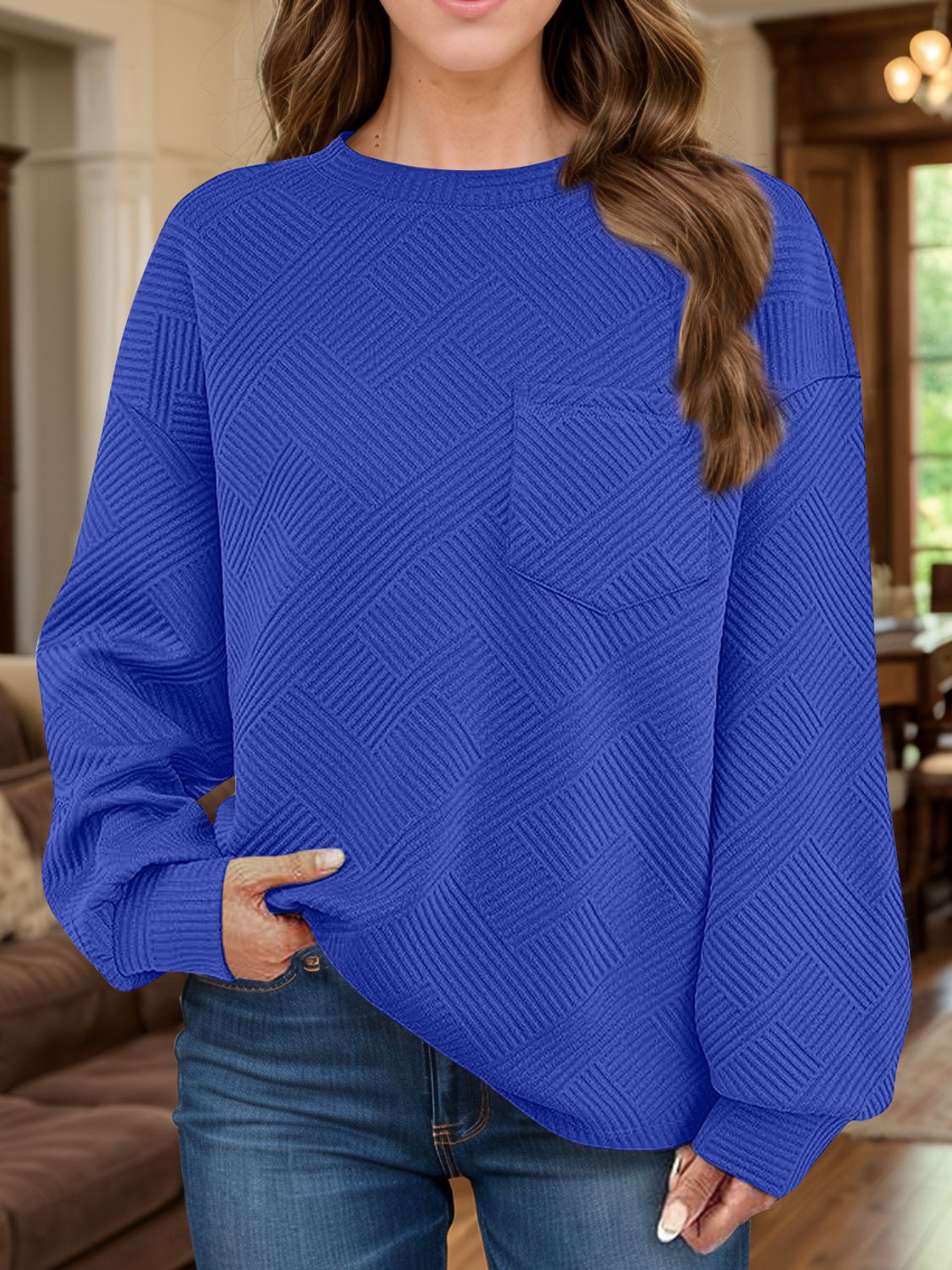 Full Size Texture Round Neck Long Sleeve Sweatshirt Long Sleeve Tops JT's Designer Fashion