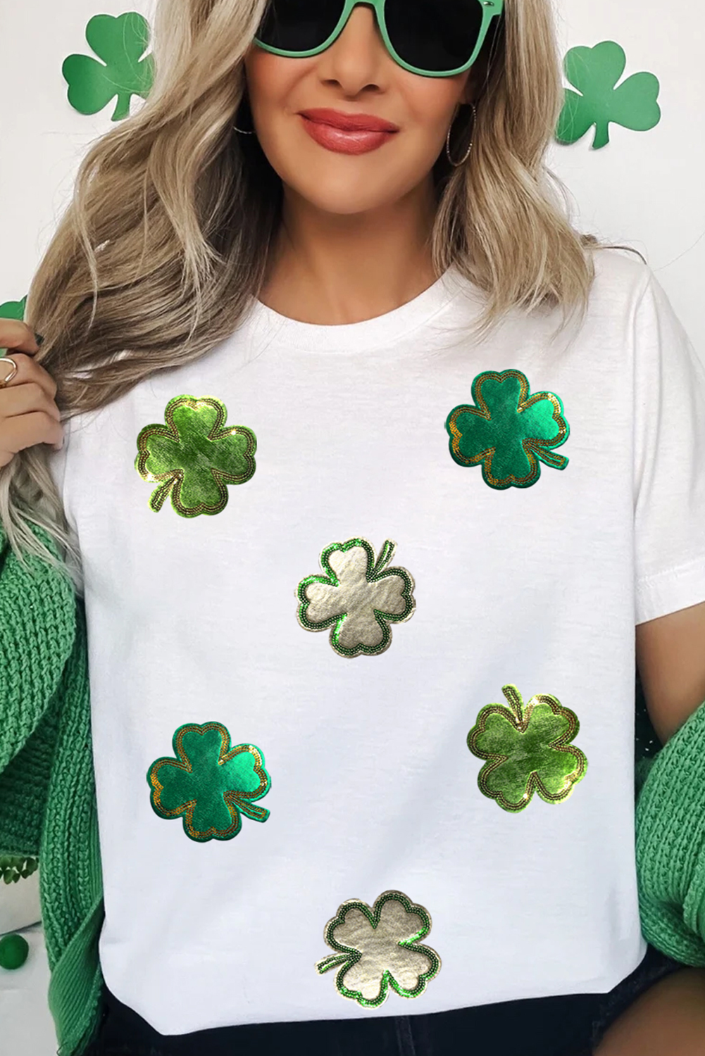 White St.Patrick Clover Crew Neck T Shirt Graphic Tees JT's Designer Fashion