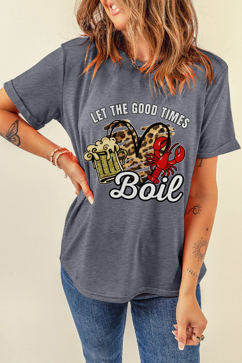 Gray Let The Good Times Boil Crawfish Leopard Heart Graphic Tee Graphic Tees JT's Designer Fashion