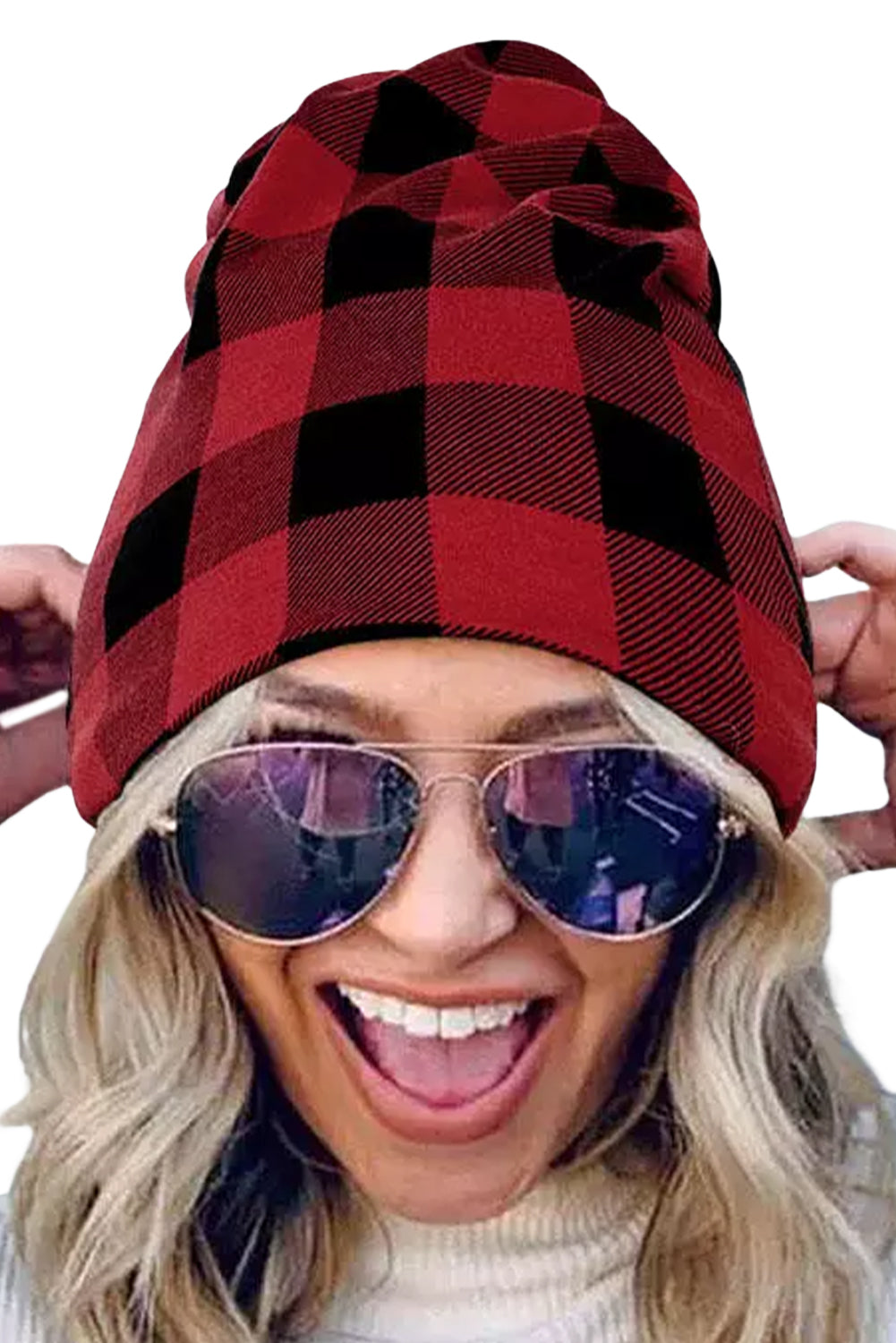 Red Plaid Print Slouch Beanie Hats & Caps JT's Designer Fashion