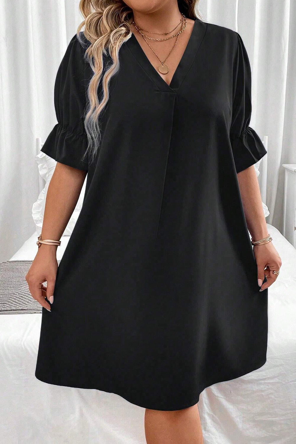 Black Solid Ruffled Puff Sleeve V Neck Plus Size Mini Dress Plus Size JT's Designer Fashion