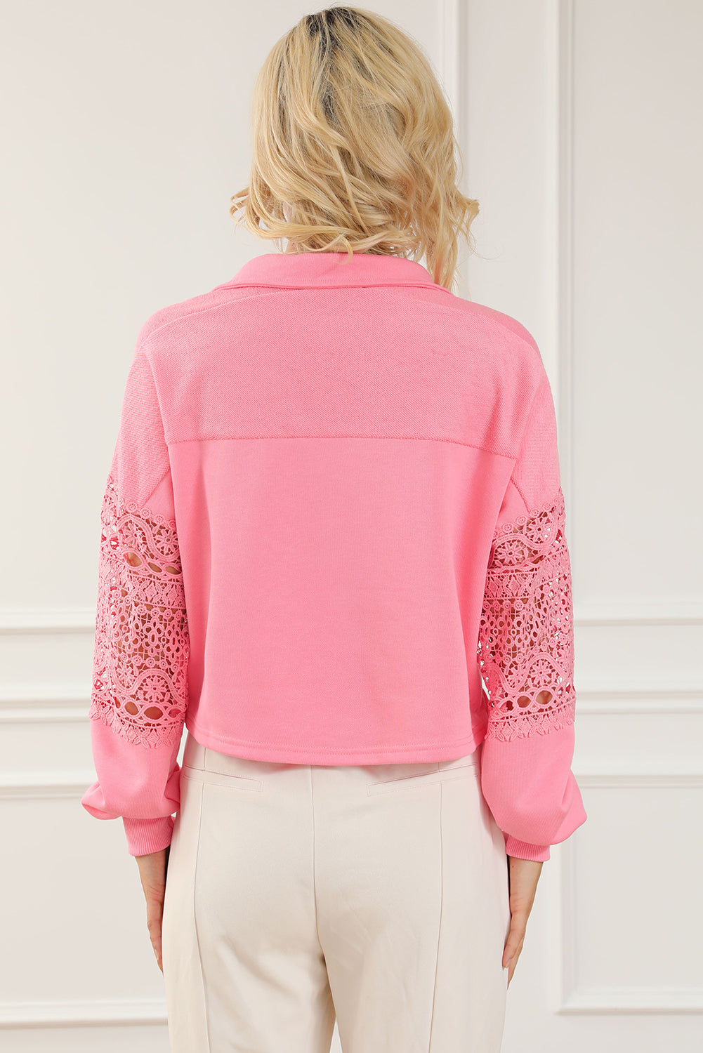 Pink Hollowed Lace Splicing Cropped Sweatshirt Sweatshirts & Hoodies JT's Designer Fashion