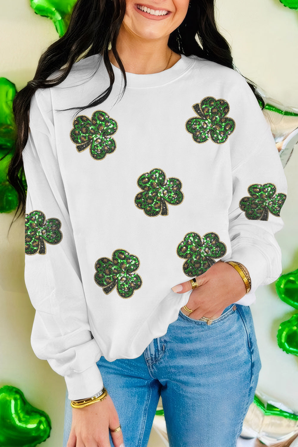 White Sequin Clover Patched Pattern St Patrick Pullover Sweatshirt Graphic Sweatshirts JT's Designer Fashion