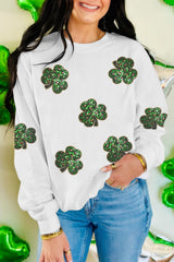 White Sequin Clover Patched Pattern St Patrick Pullover Sweatshirt Graphic Sweatshirts JT's Designer Fashion