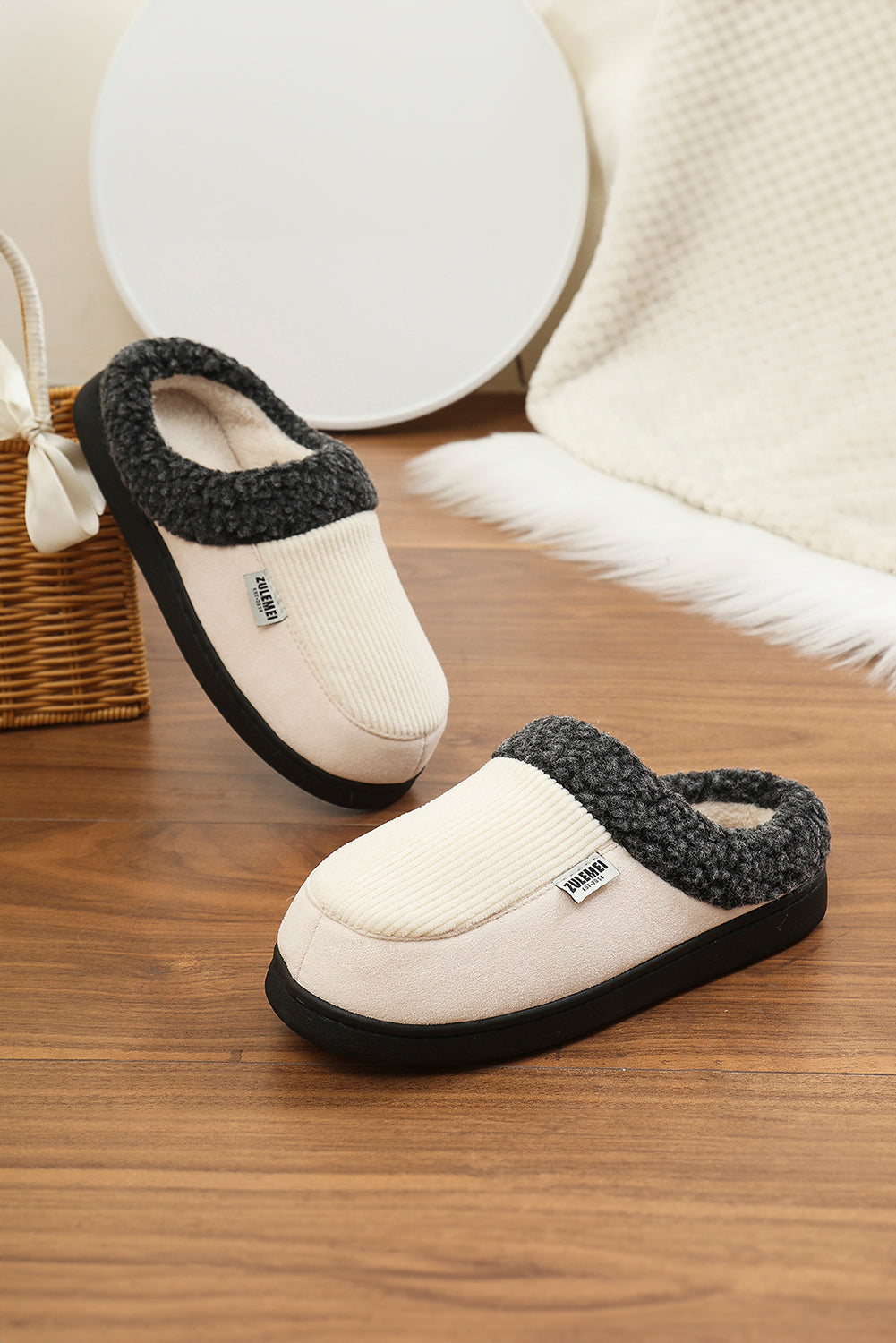 White Color Block Plush Lined Winter Slippers Slippers JT's Designer Fashion