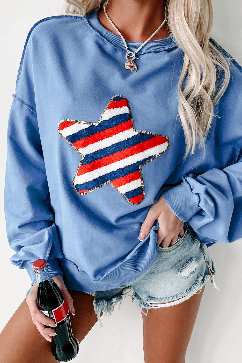 Sky Blue Sequin Trim Embroidered Star USA Pattern Sweatshirt Sweatshirts & Hoodies JT's Designer Fashion