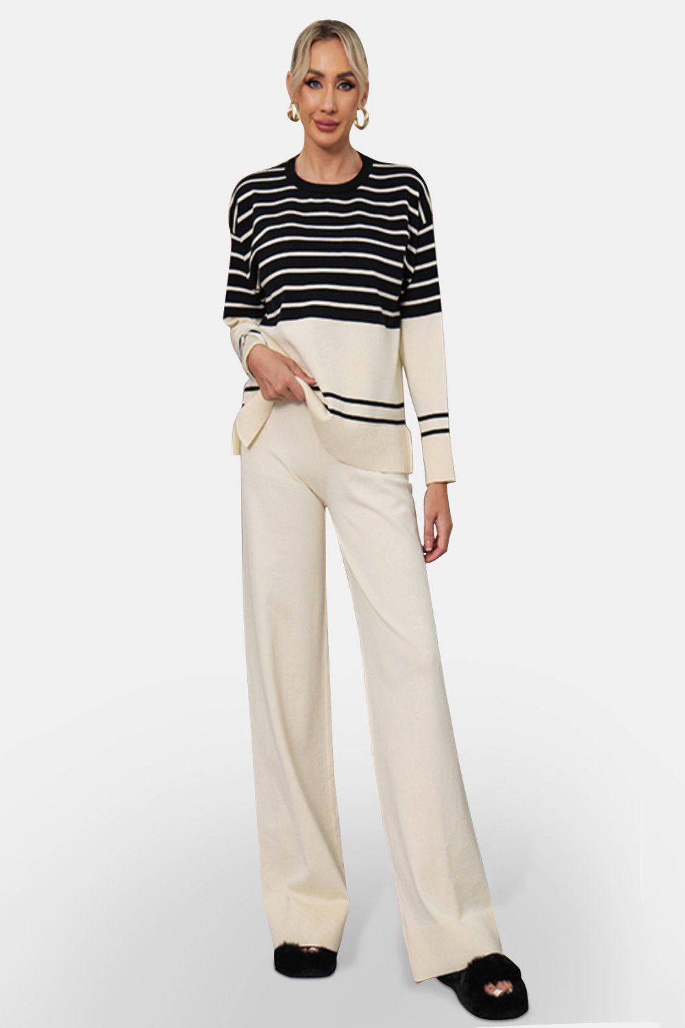 Striped Round Neck Long Sleeve Top and Pants Sweater Set Cream One Size Pant Sets JT's Designer Fashion