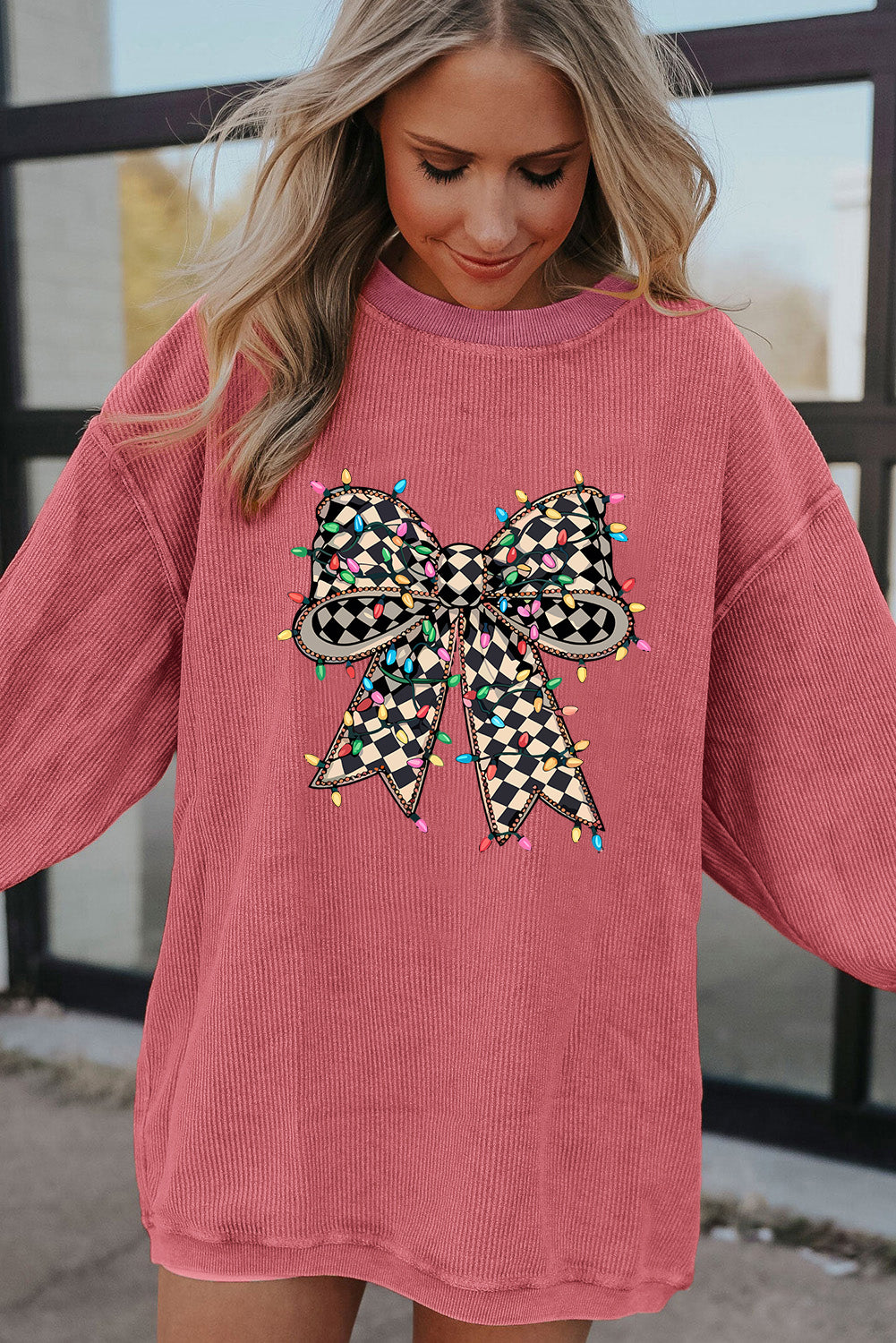 Strawberry Pink Checkered Bow Print Ribbed Crew Neck Pullover Sweatshirt Graphic Sweatshirts JT's Designer Fashion