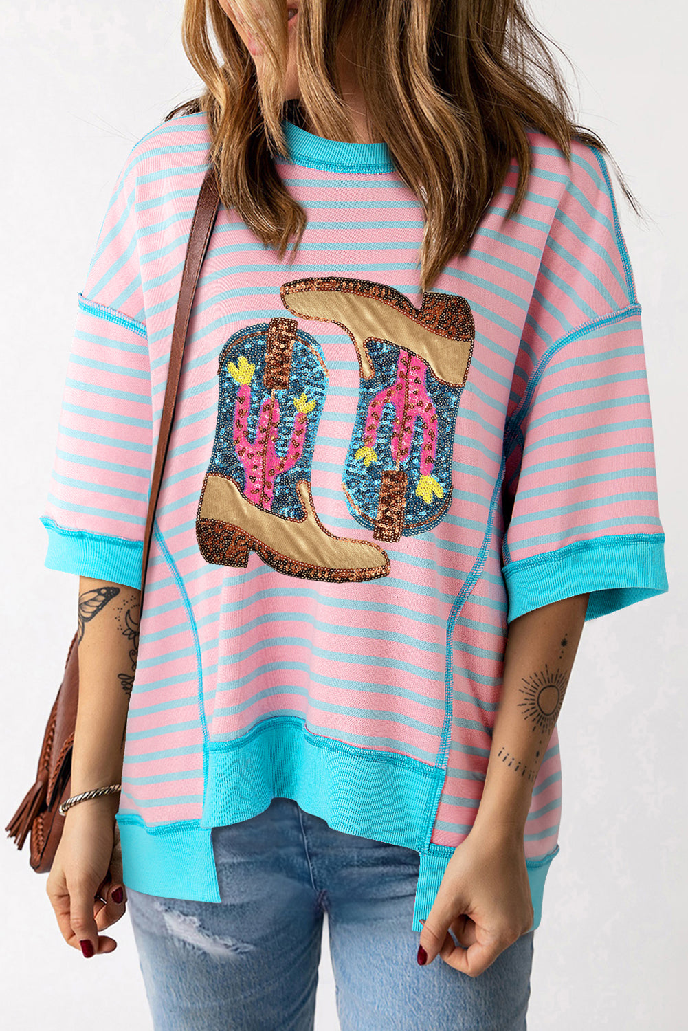 Pink Stripe Sequin Western Cactus Boots Graphic Half Sleeve T Shirt Graphic Tees JT's Designer Fashion