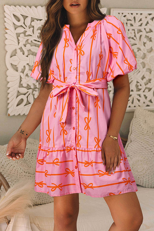 Pink Bowknot Striped Printed Bubble Sleeve Buttoned Belted Mini Dress Mini Dresses JT's Designer Fashion