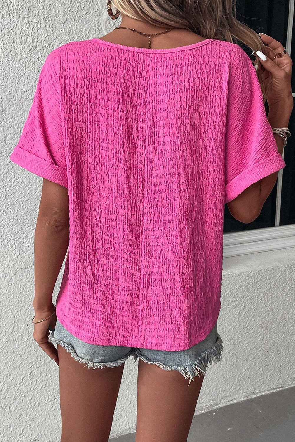 Bright Pink Textured Rolled Short Sleeve V Neck Blouse Pre Order Tops JT's Designer Fashion