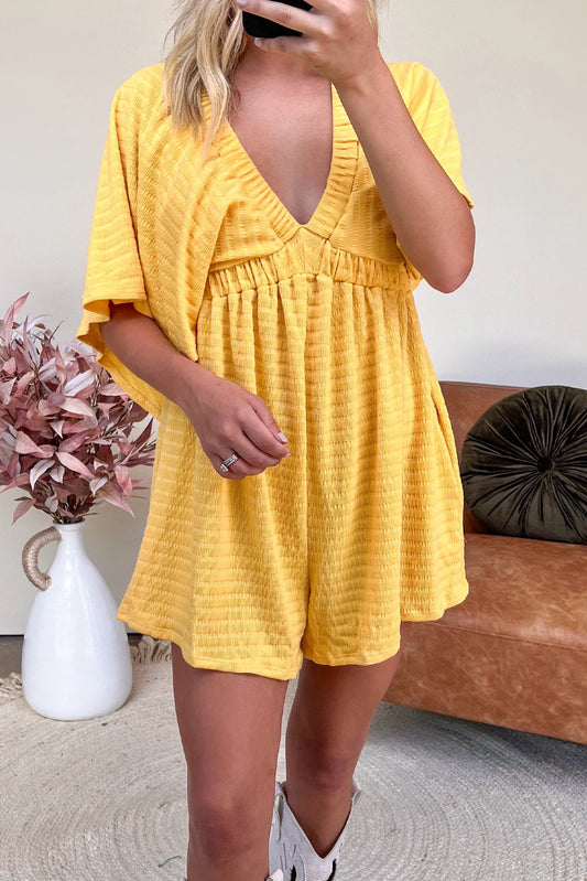 Banana Cream Textured V Neck Flutter Sleeve Open Back Romper Bottoms JT's Designer Fashion