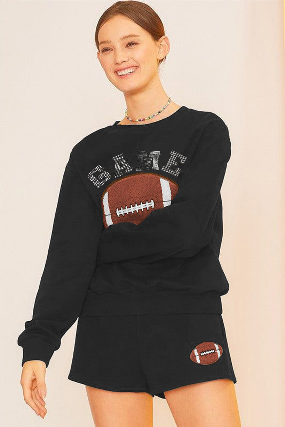 Black GAME DAY Rugby Football Graphic Pullover and Shorts Casual Outfit Short Sets JT's Designer Fashion