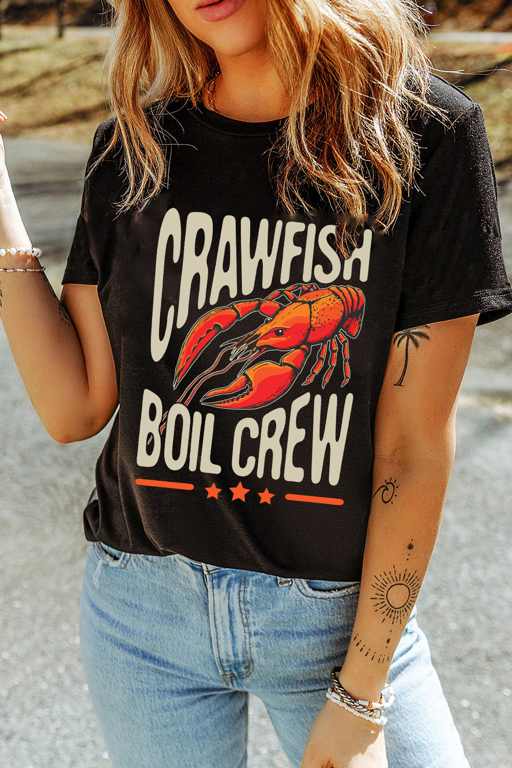 Black CRAWFISH BOIL CREW Graphic Casual T Shirt Graphic Tees JT's Designer Fashion