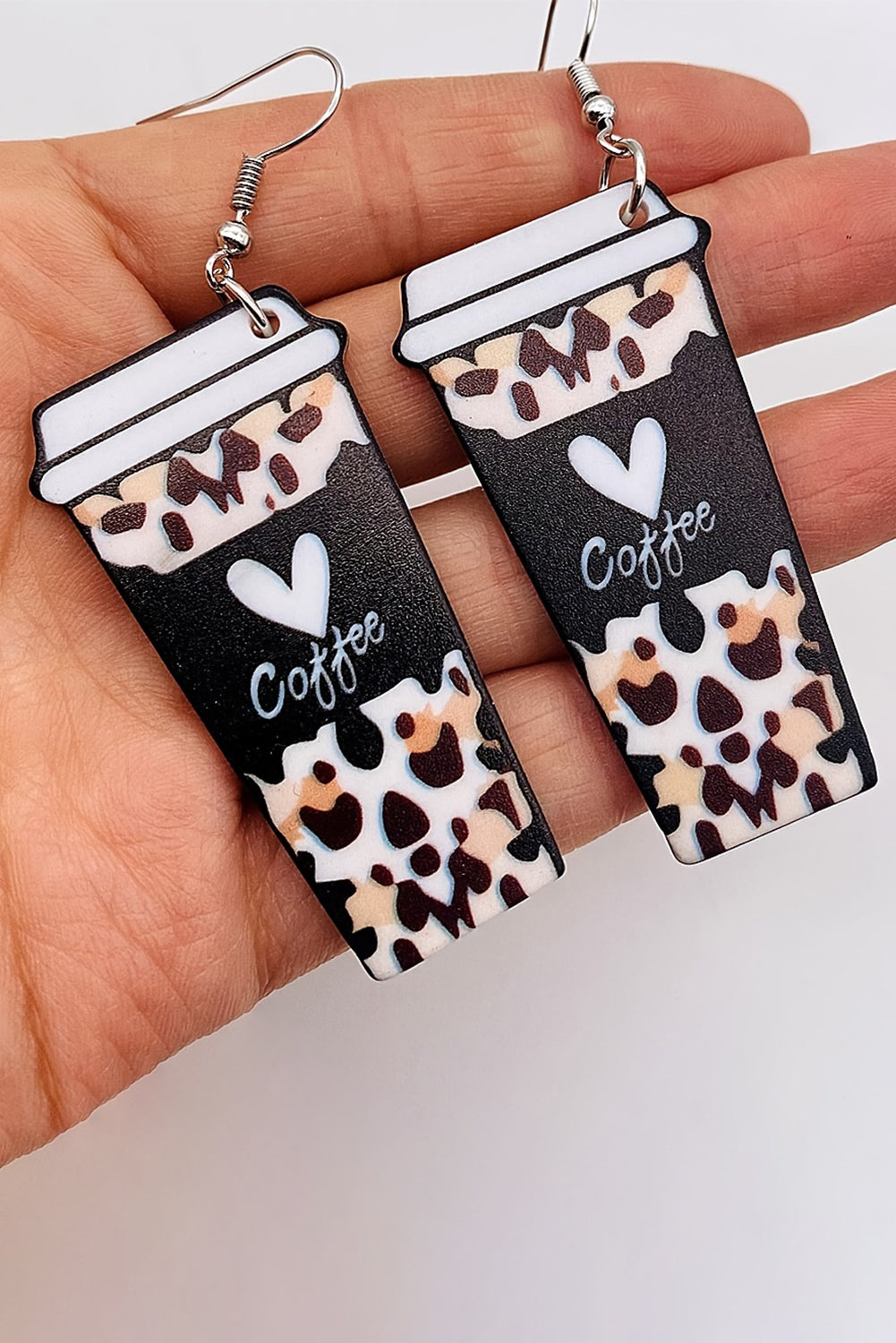 Black Leopard Coffee Print Beverage Cup Shape Earrings Jewelry JT's Designer Fashion