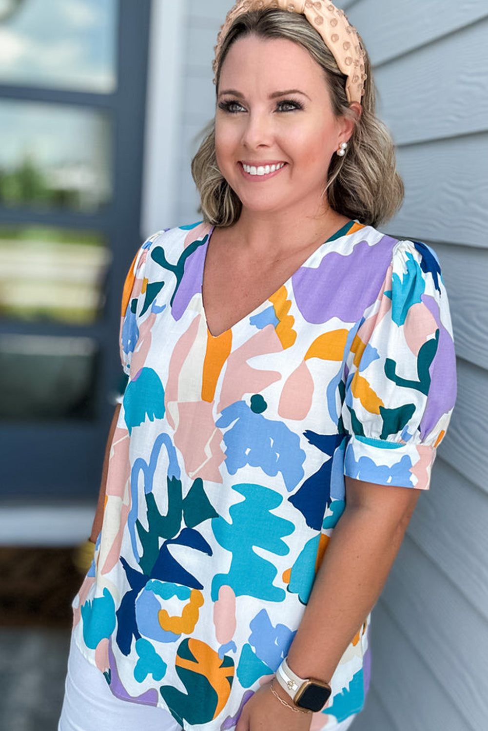 Sky Blue Plus Abstract Print Puff Short Sleeve V Neck Top Plus Size JT's Designer Fashion