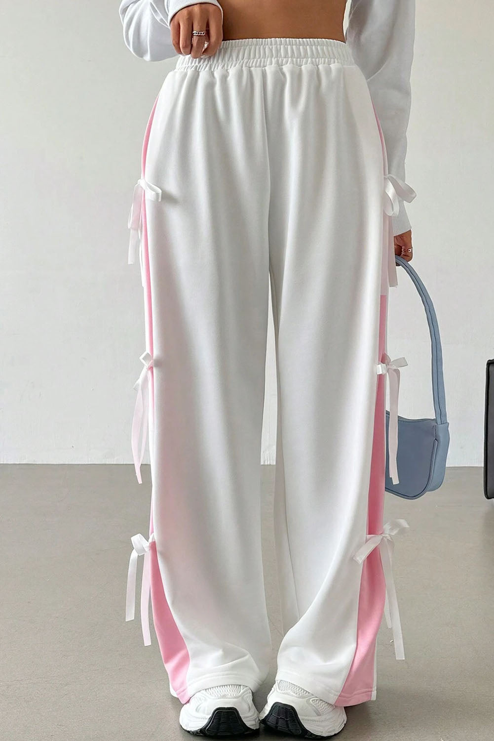 White Elastic Waist Colorblock Patchwork Side Bowtie Wide Leg Pants Bottoms JT's Designer Fashion