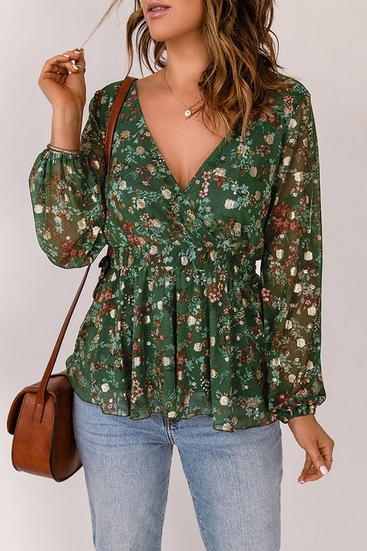 Green Floral Print Wrap V Neck Peplum Top Blouses & Shirts JT's Designer Fashion