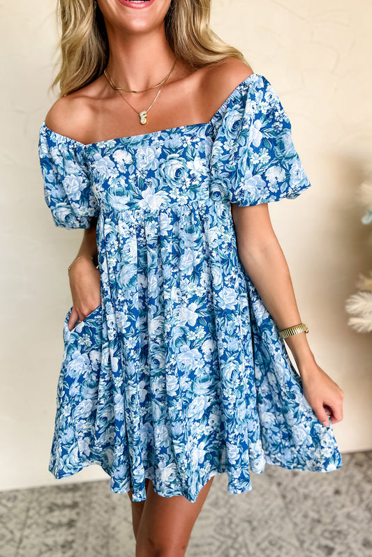 Blue Floral Puff Sleeve Babydoll Mini Dress Floral Dresses JT's Designer Fashion