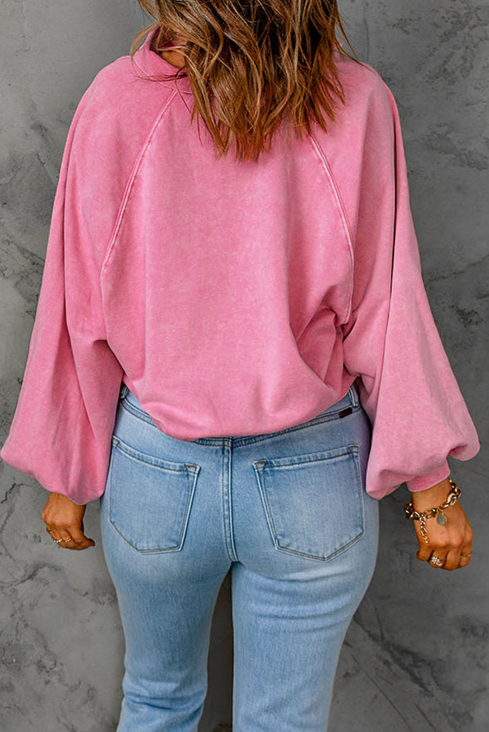 Pink Washed Snap Buttons Lantern Sleeve Pullover Sweatshirt Sweatshirts & Hoodies JT's Designer Fashion