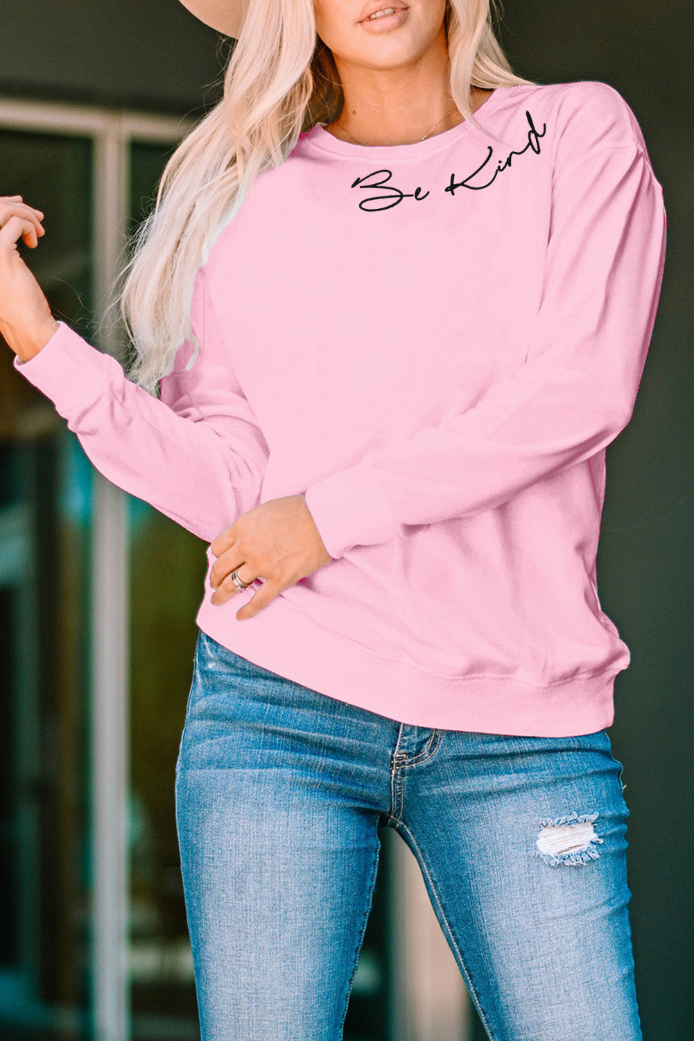 Pink Be Kind Letter Print Crew Neck Pullover Sweatshirt Graphic Sweatshirts JT's Designer Fashion