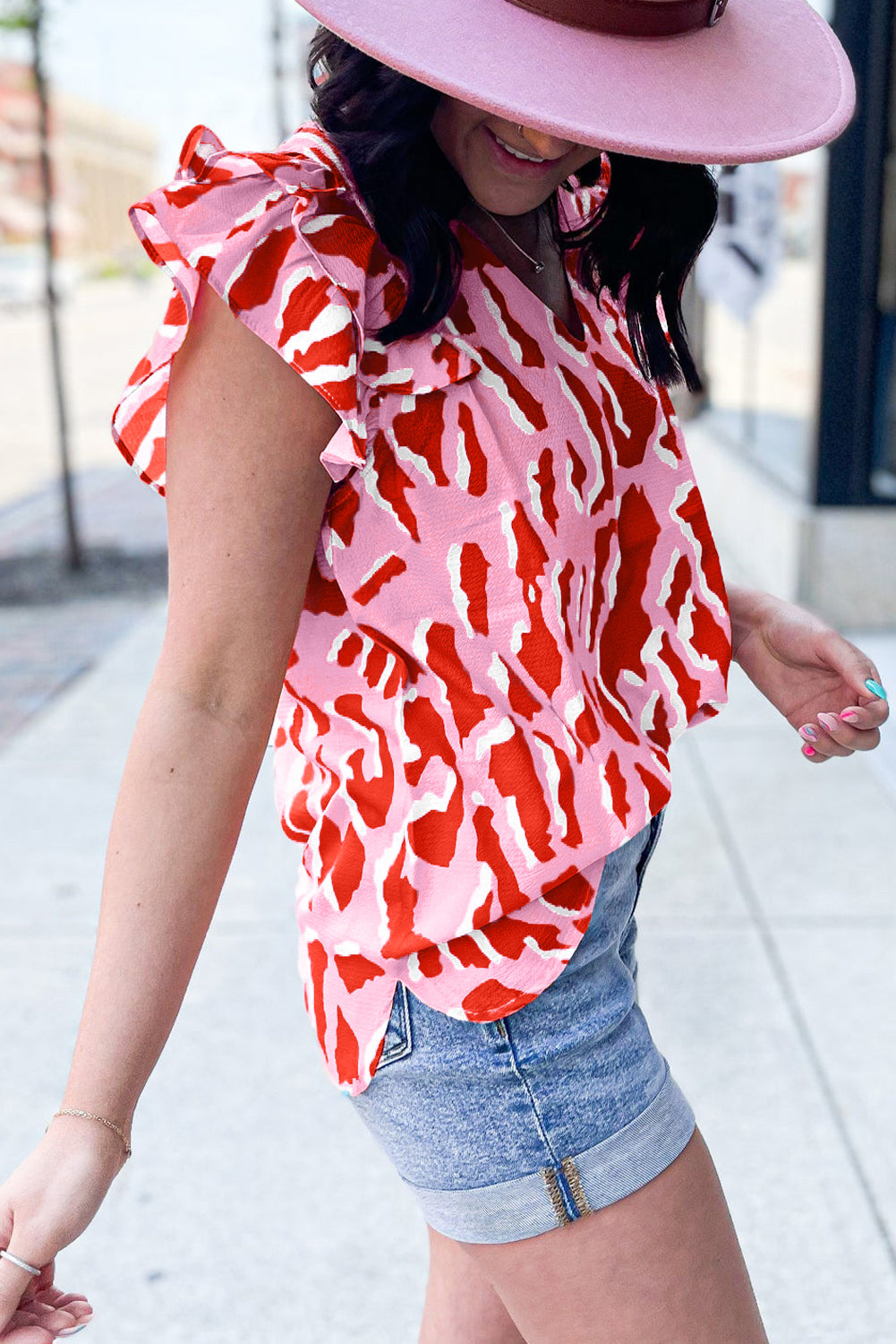 Pink Abstract Print V Neck Ruffled Sleeve Blouse Tops & Tees JT's Designer Fashion