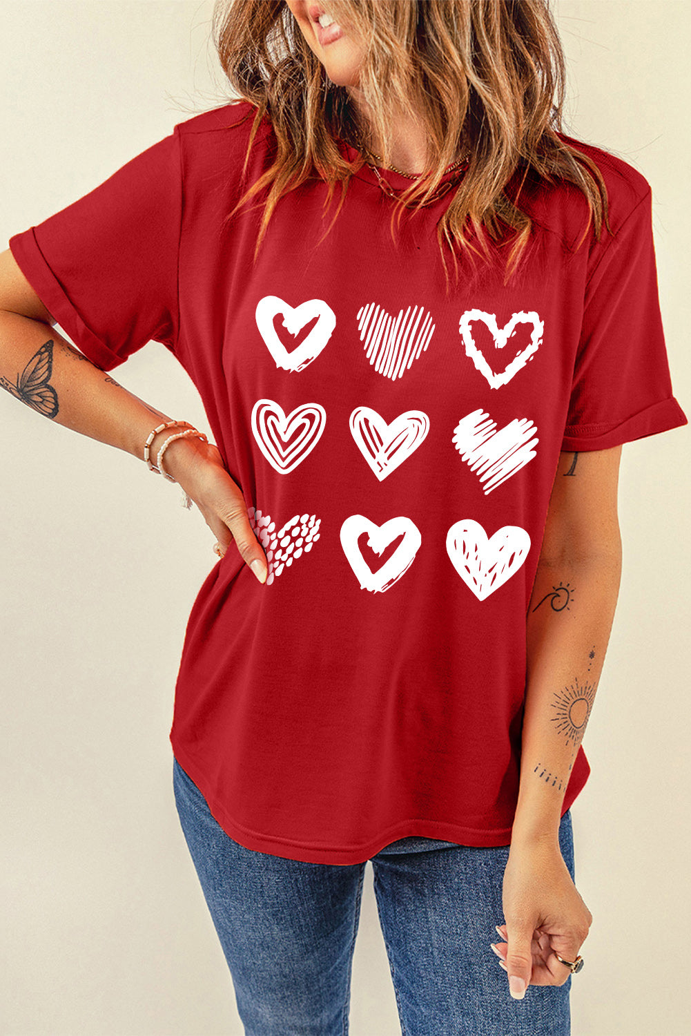 Fiery Red Valentines Heart Pattern Graphic Tee Graphic Tees JT's Designer Fashion