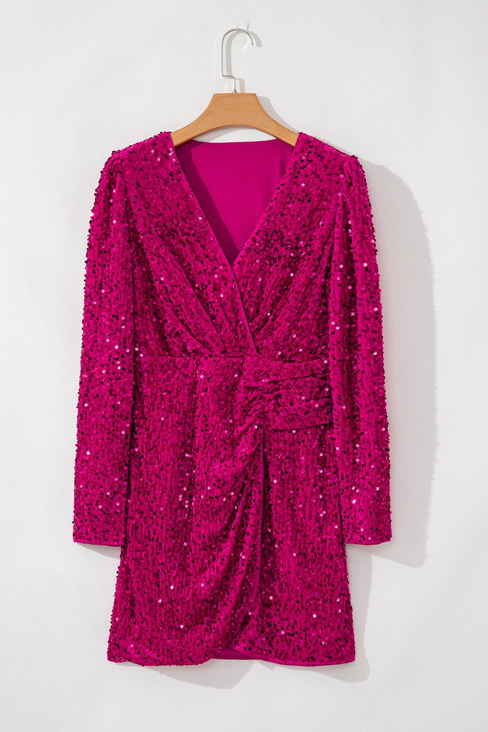 Pitaya Pink Velvet Sequin Long Sleeve V Neck Wrapped Mini Dress Sequin Dresses JT's Designer Fashion