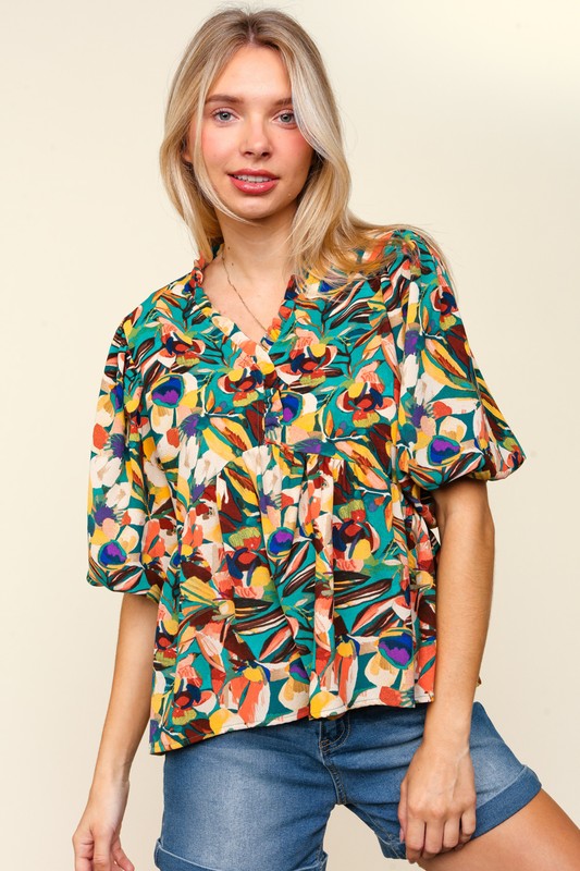 Haptics Full Size Frill Floral Puff Sleeve Peplum Blouse Blouses & Shirts JT's Designer Fashion