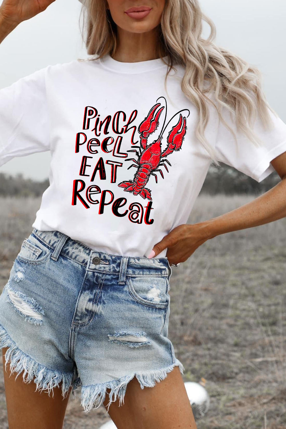 White Pinch Peel Eat Repeat Crawfish Print Crew Neck Tee Graphic Tees JT's Designer Fashion