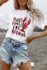 White Pinch Peel Eat Repeat Crawfish Print Crew Neck Tee Graphic Tees JT's Designer Fashion