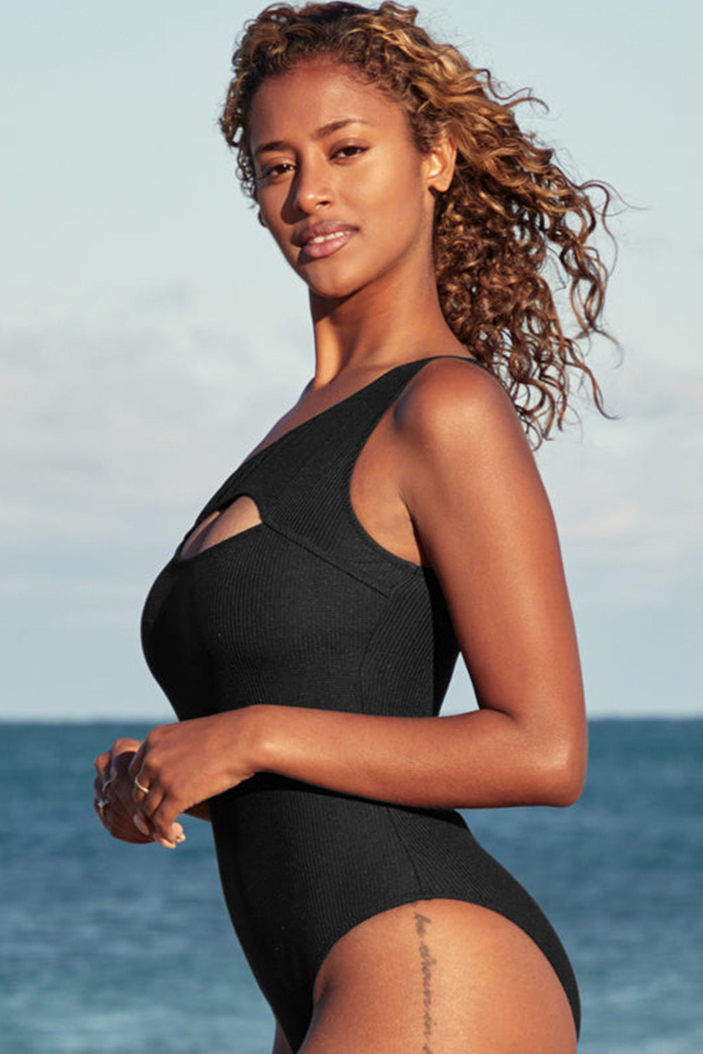 Black Ribbed One Shoulder Hollowed One Piece Swimsuit Swimwear JT's Designer Fashion