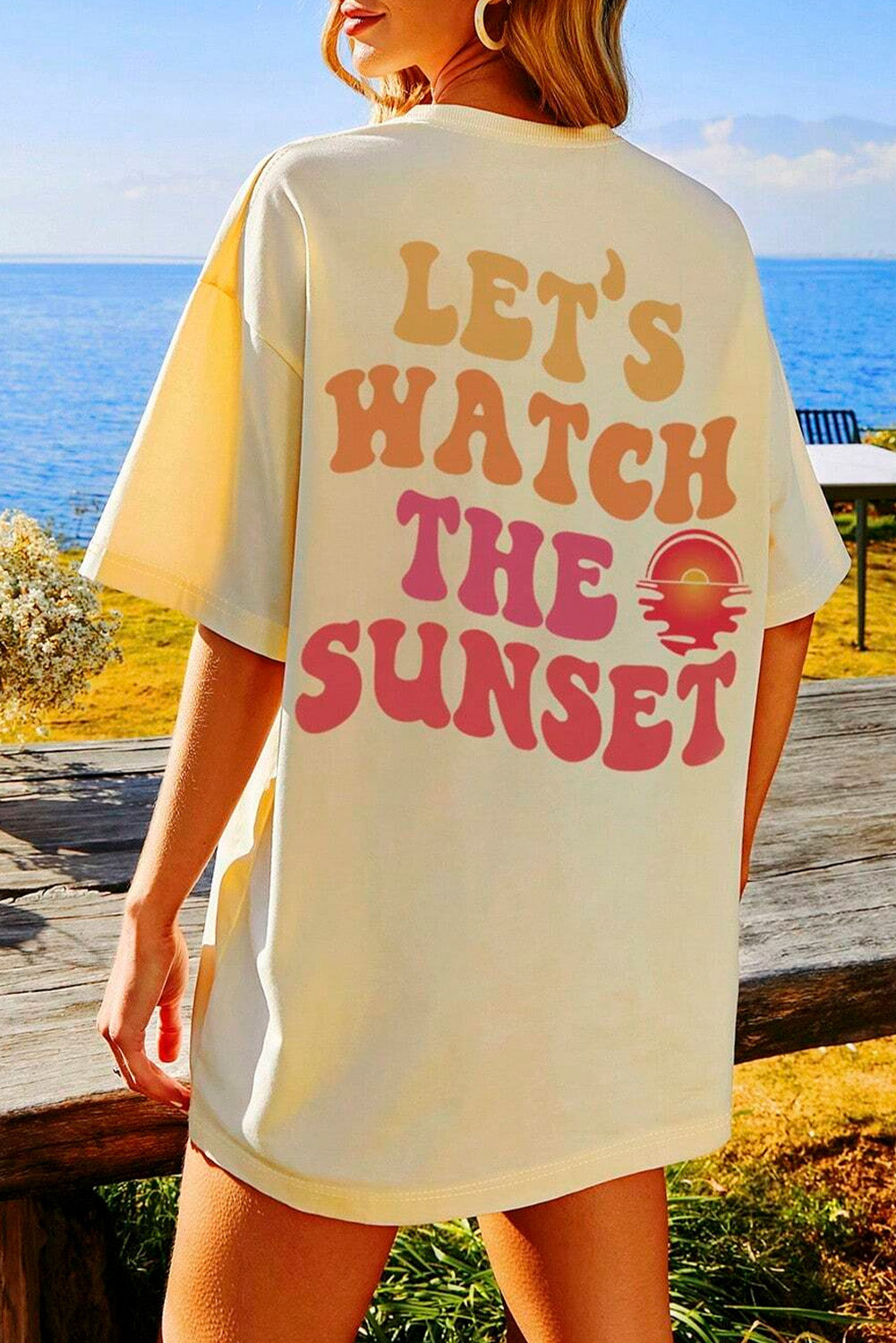 Yellow Cream Back LET'S WATCH THE SUNSET Print Half Sleeve Tee Tops & Tees JT's Designer Fashion