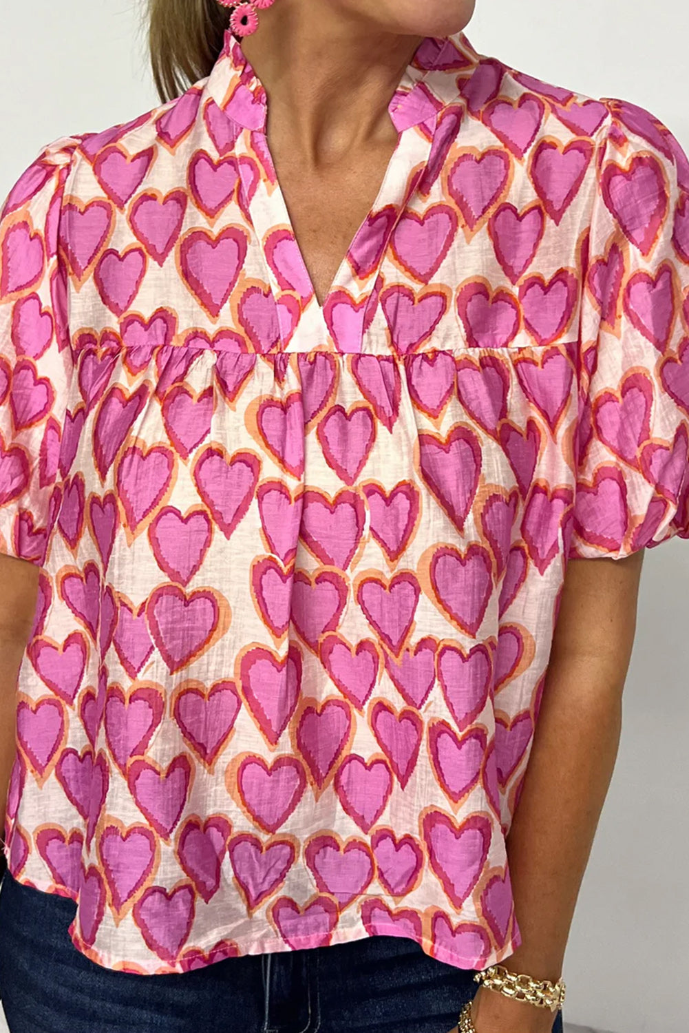 Pink Allover Heart Printed Split Neck Puff Sleeve Blouse Pre Order Tops JT's Designer Fashion