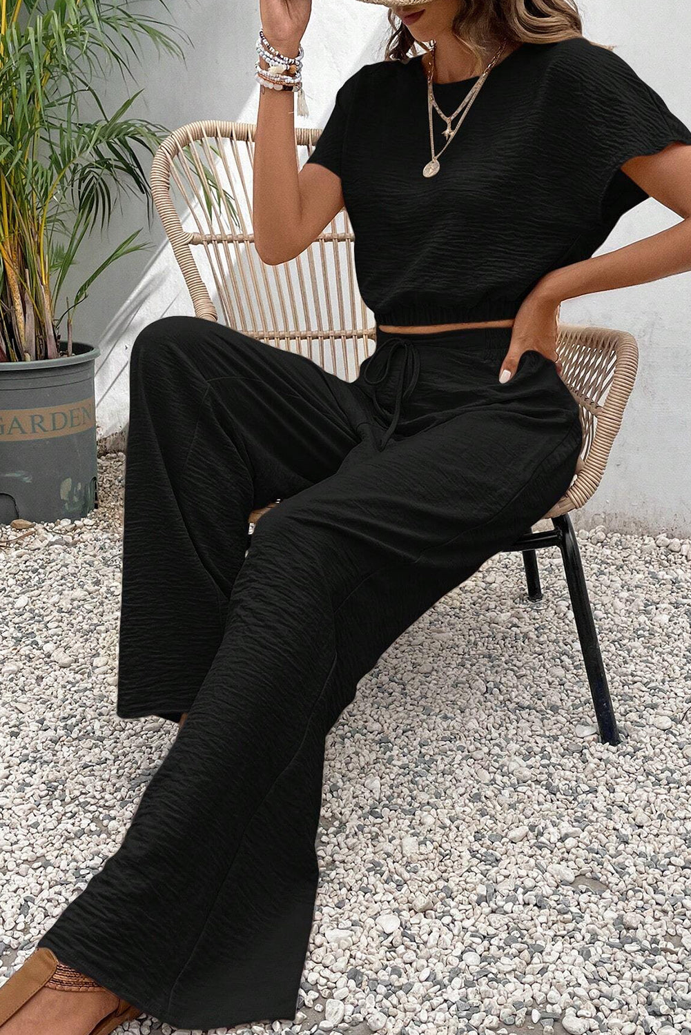 Black Crinkled Elastic Hem Crop Tee and Wide Leg Pants Set Bottoms JT's Designer Fashion