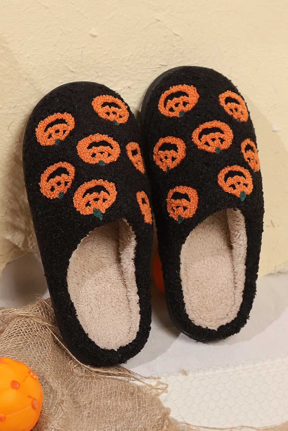 Black Halloween Pumpkin Plush Home Slippers Slippers JT's Designer Fashion