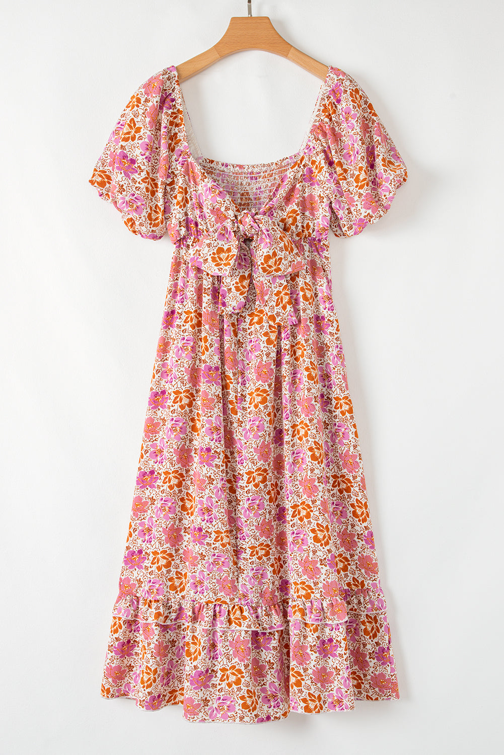 Pink Floral Square Neck Knotted Ruffle Midi Dress Floral Dresses JT's Designer Fashion