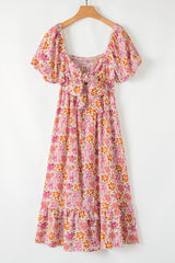 Pink Floral Square Neck Knotted Ruffle Midi Dress Floral Dresses JT's Designer Fashion