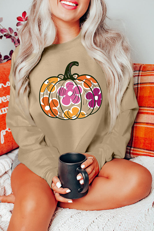 Khaki Halloween Floral Pumpkin Graphic Drop Shoulder Sweatshirt Khaki 50%Polyester+50%Cotton Graphic Sweatshirts JT's Designer Fashion